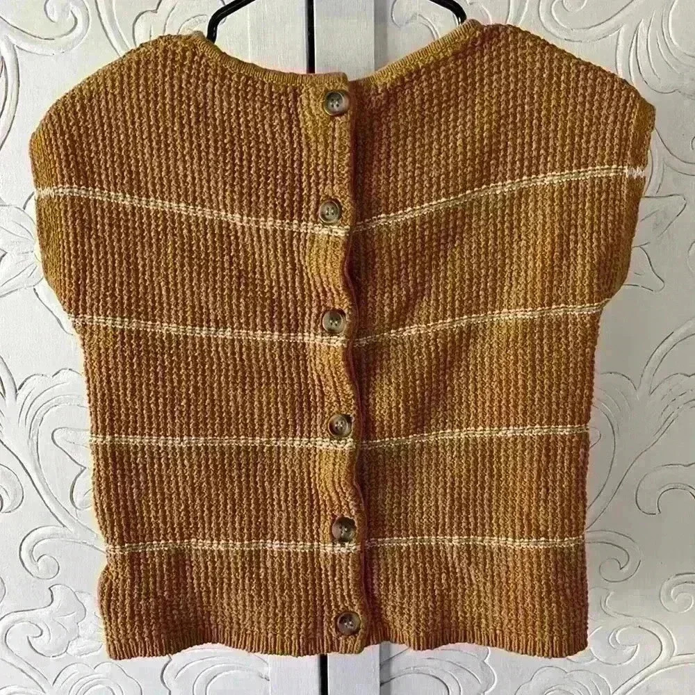 Madewell Crocheted Sweater Top Striped Neutral Button Back Short Sleeved Boho XS - Picture 2 of 9